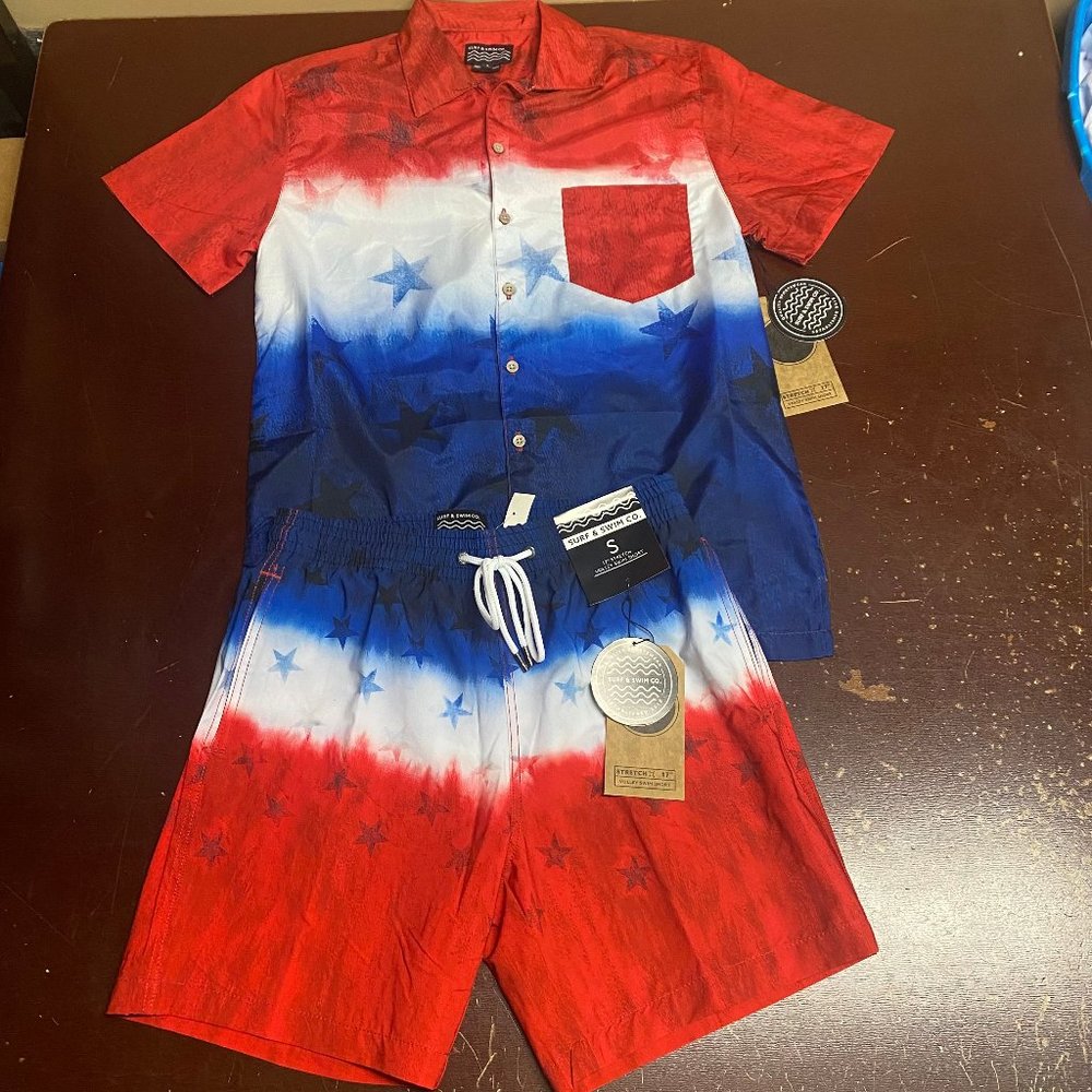 Swim And Surf Co Mens Multicolor Short Sleeve Shirt Drawstring Shorts Swim Set S